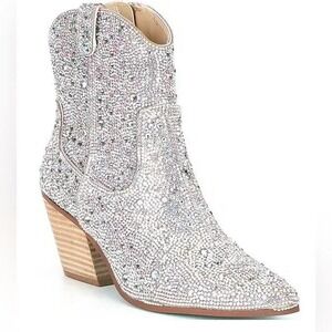 Betsey Johnson Diva Rhinestone Western‎ Boots Size 5 Ankle Sparkle Wedding NEW